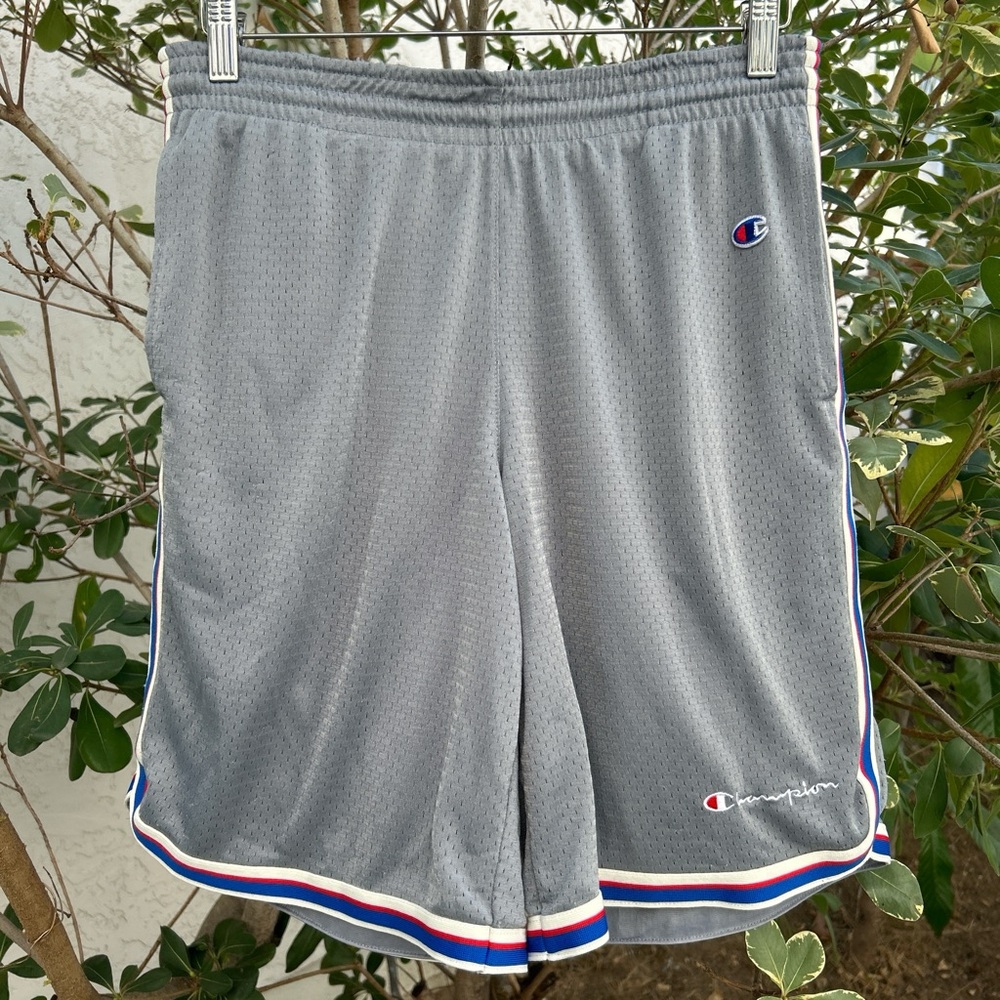 Champion Gray Athletic Shorts with Red and Blue Trim